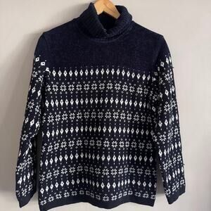 Bogner Sport Fair Isle Wool Turtleneck Sweater Navy Blue Size Medium